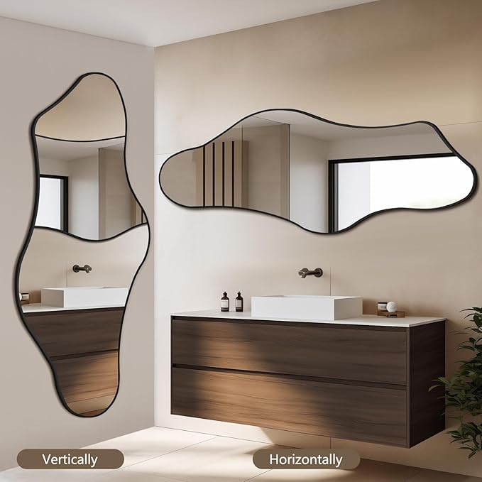 Mirrorons Irregular Wall Mirror 63×24, Black Asymmetrical Decorative Bathroom Mirror, Cloud Mirror, Modern Vanity Mirror, Shatterproof Black Mirror