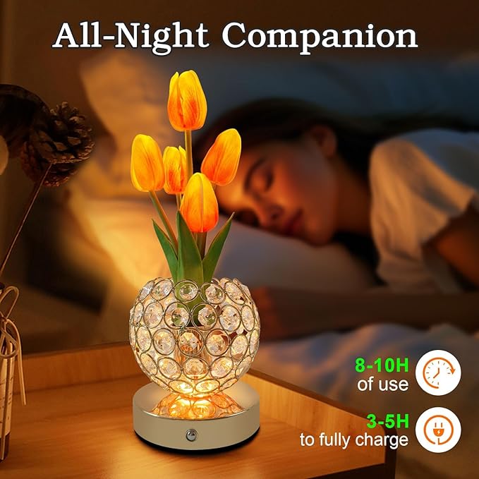 Cordless Tulip Flower Lamps, 3 Colors Touch Stepless Dimming Crystal Night Light, Rechargeable Artificial LED Flower with Vase Lamp Romantic Decor for Mothers Day,Xmas,Birthday (Pink)