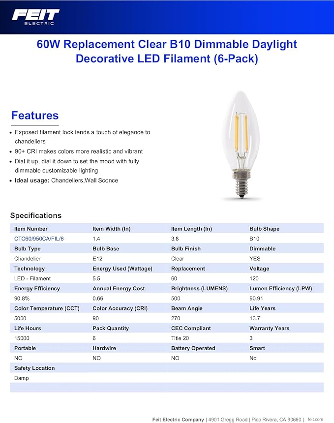 Feit Electric 60W Equivalent Candelabra LED Light Bulb, Dimmable, E12 Base, 5000K Daylight, B10 Filament Torpedo Tip Decorative Lighting Bulbs, 13-Year Lifetime, CTC60/950CA/FIL/6, 6-Pack