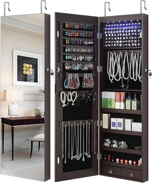 GISSAR Full Length Mirror Jewelry Cabinet, 6 LEDs Jewelry Armoire Wall Mounted Over The Door Hanging, Jewelry Organizer Storage with Lights Lockable, Brown, 14.6" x 47.2"