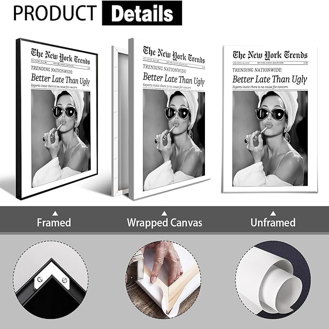 Trendy Newspaper Canvas Wall Art Black And White Better Late Than Ugly Poster Funky Feminist Painting Vintage New York Trends Aesthetic Wall Decor For Girl Dorm Room Bathroom 12x16in Wrapped Canvas