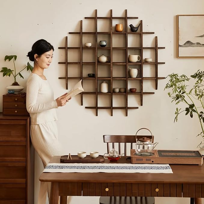 Solid Wood Chinese Tea Cup Holder, Wall Mounted Teapot Display Stand, Wall Decoration Teaware Shelf Storage Rack for Living Room Kitchen Office Commercial (Dark Walnut Color, 39x39'')