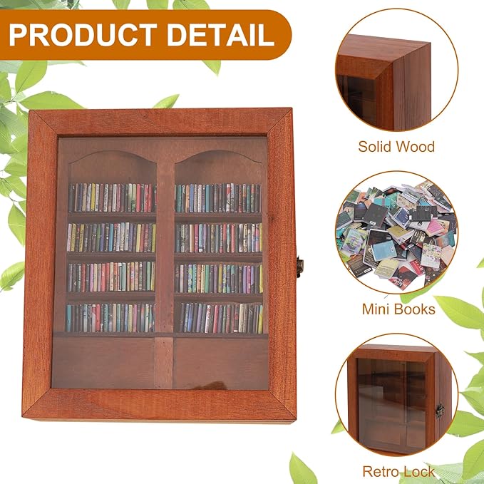 Anxiety Miniature Bookshelf with 200pcs Mini Books,Get rid of Your Anxiety Miniature Book Display Cabinet, Stress-Relief Bookshelf for Home Office Decor (Brown)