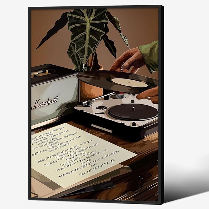 Music Record Canvas Poster Vintage Black Girl Fashion Wall Art Abstract African Woman Painting Prints 16X24 inch Black Framed for Bar Bedroom Living Room Wall Decor