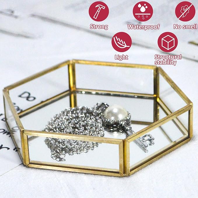 Hexagon Vintage Gold Mirror Glass Vanity Tray,Ornate Geometric and Brass Plated Display Storage Organizer for Makeup Brushes/Lipstick/Skincare/Perfumes/Beauty Room/Bathroom Accessories