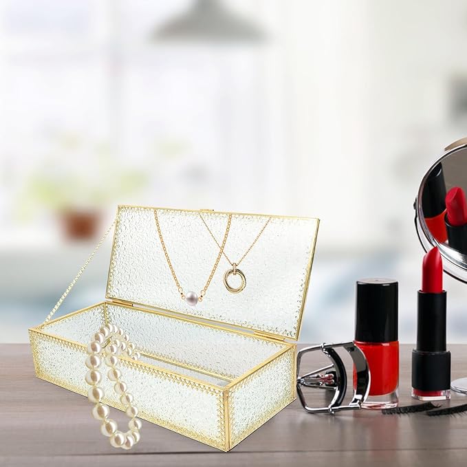 Rectangular Diamond Pattern Glass Jewelry Box with Frame Transparent Necklace Storage Holder Decorative Makeup Organizer for Anniversary Wedding and Valentine's Day