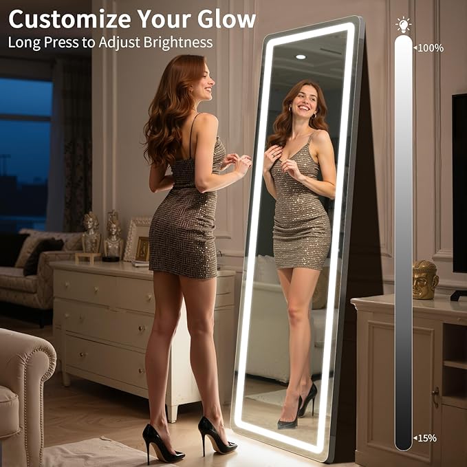Standing Mirror Full Length with LED Lights, 60"x16" Lighted Mirror with Dimming & 3 Color Lighting, Tall Mirror Full Body for Bedroom, Dressing Room