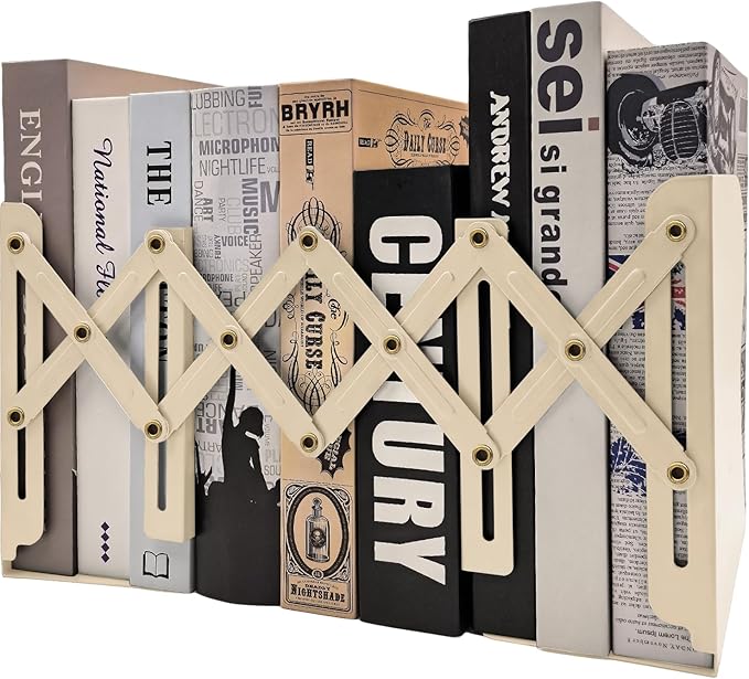 Adjustable Bookends Non Skid Decorative Bookends,Metal Bookend for Heavy Books,Bookshelf Organizer Holder for Books and Magazines for Desk(Beige)