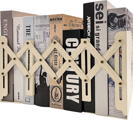 Adjustable Bookends Non Skid Decorative Bookends,Metal Bookend for Heavy Books,Bookshelf Organizer Holder for Books and Magazines for Desk(Beige)