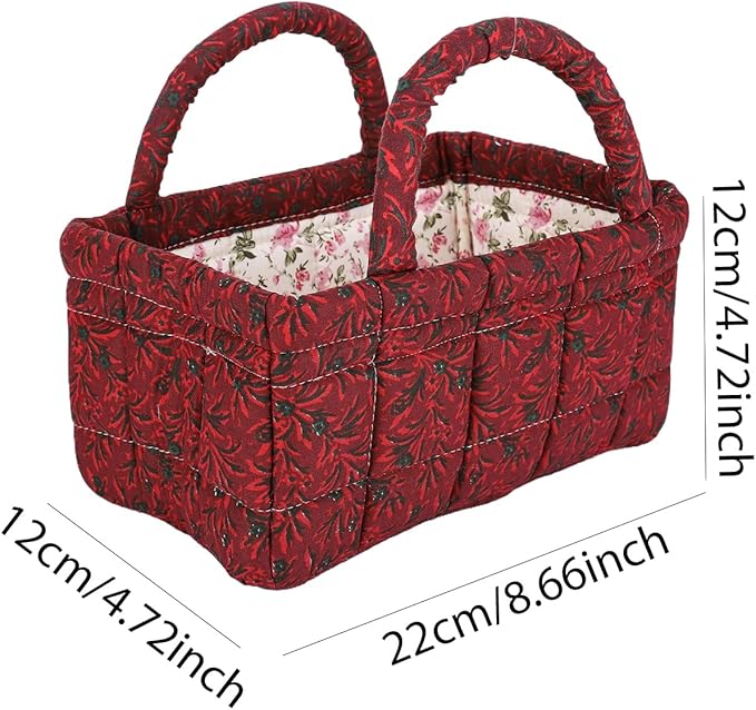 Mini Storage Basket, Small Quilted Boho Fabric Organizer Bin with Handle, Portable Collapsible Basket for Socks, Keys, Diaper