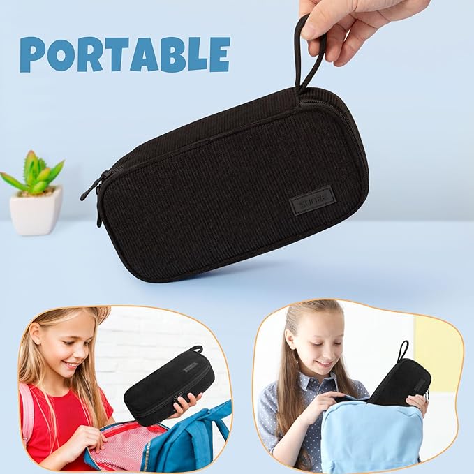 SUNEE Cute Pencil Case, Large Capacity Pencil Pouch Aesthetic Zipper Pencil Bag, Big Storage Pen Organizer for Stationery, Soft Corduroy Pencil Box Back to School Supplies for Teen Girls Boys, Black