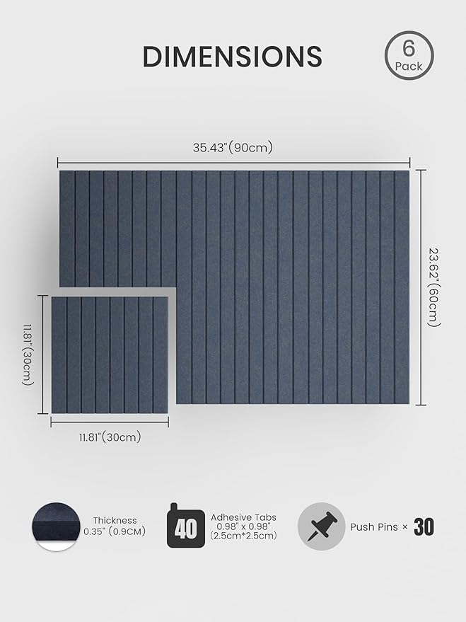 Bumusty Large Cork Board Alternative-36 x 24" Felt Bulletin Board Tiles, with 30 Pushpins, 40 Adhesive Tabs, Fine-Stripe 6-Pack, Cork Boards for Office Push Pin Board-Deep Charcoal Blue