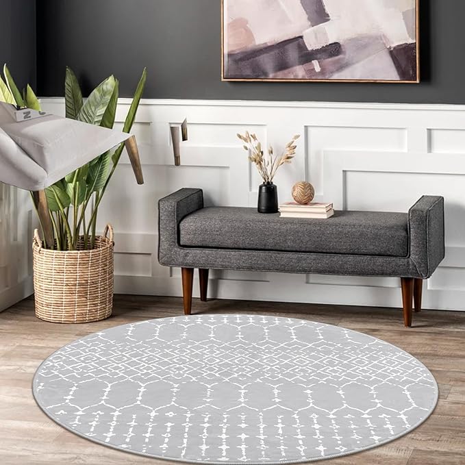 Lahome Moroccan Washable Round Rug 4Ft Round Area Rugs for Bedroom Non-Slip Grey Stain Resistant Round Kitchen Rug, Modern Geometric Print Indoor Floor Circle Carpet for Entryway Living Room Sofa Hana