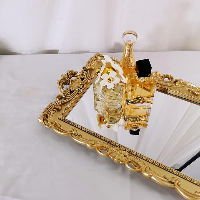 Shell Rectangle Decorative Mirror Tray, French Style, Makeup Organizer, Jewelry Organizer, Serving Tray, 9.3"x 14.9", Gold