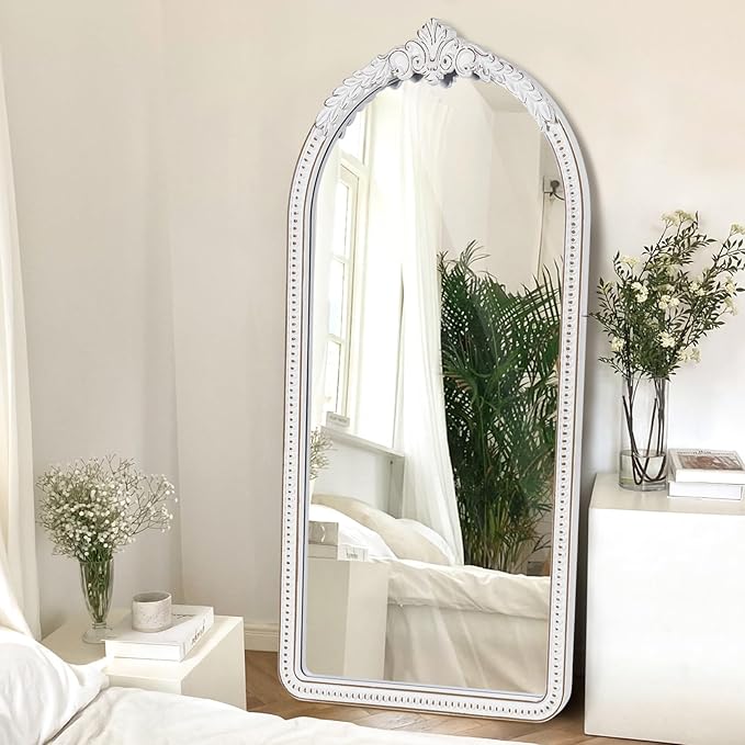 Farmhouse Full Length Mirror - 47x24 Inches Antique White Baroque Wooden Arched Wall Mirror, Vintage Ornate Beaded Decorative Mirror for Mantel, Living Room, Bedroom