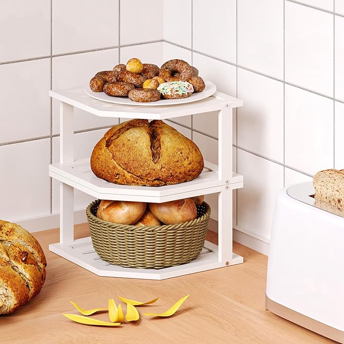 VERTORGAN Bamboo Corner Shelf(2 Pack),2 Tier Plate Organizer for Cabinet and Countertop,Pantry Dish and Spice Rack for Kitchen(White)