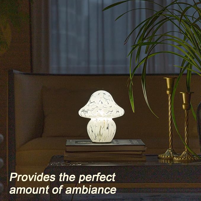 HEQET Mushroom Lamp Glass Mushroom Table Lamp for Bedrooms, Living Room, Aesthetic Lamps for Bedroom, Cute Bedside Lamp（White Dot）
