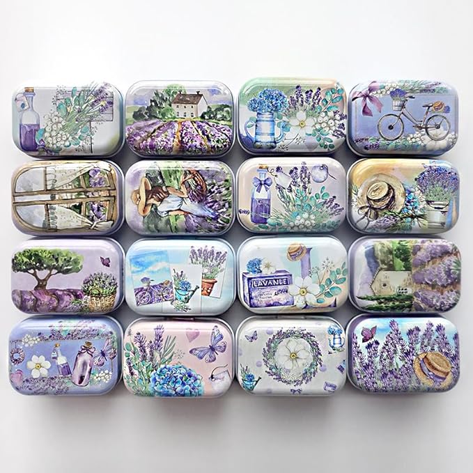8Pcs Metal Hinged Tin Box Container Floral Farmhouse Rustic Mini Portable Small Storage Container Kit with Lid for Home Storage 2.1x1.5x1 Inch (Purple)