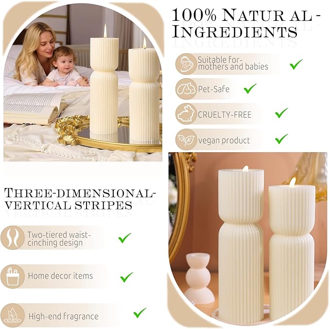 Aesthetic Sandalwood Scented Candles,Ribbed Pillar Candle Set of 2 (7.87" & 9.05" Tall), Natural Soy Wax Minimalist Geometric Decor, Modern Fluted Sculptural Candles for Home,Shelf, Mantel & Gift