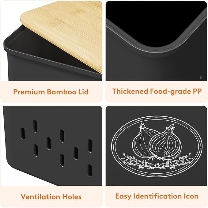 Lifewit Potato and Onion Storage Bin, Stackable Garlic Keeper with Aerating Holes and Lid, Plastic Vegetable Container Box for Pantry Countertop, Black, 24 x 18 x 24 cm/9.5 x 7 x 9.5 inch, Set of 2
