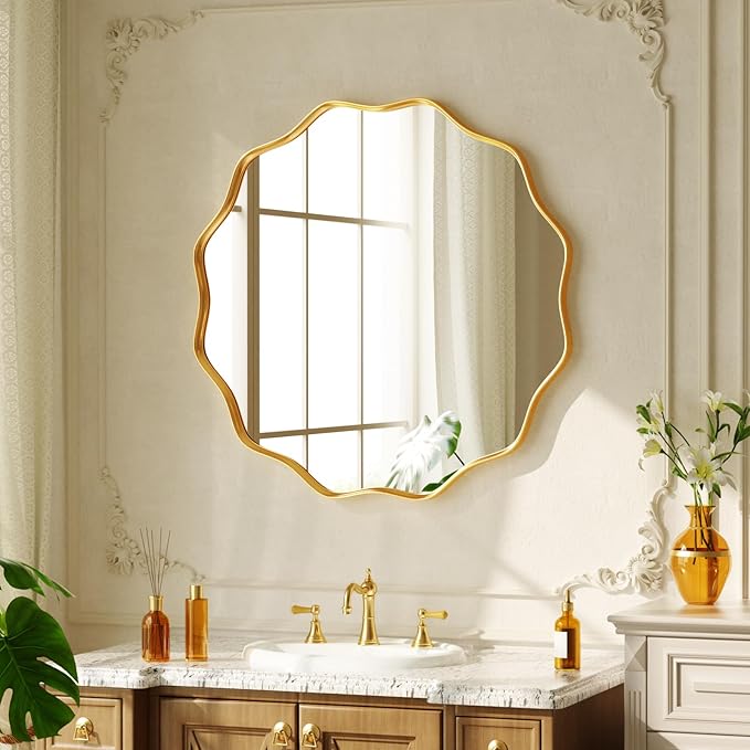 20 Inch Scalloped Round Wall Mirror, Gold Wavy Edge Frame Circle Mirror for Bathroom, Bedroom, Entryway, Living Room for Wall Decor
