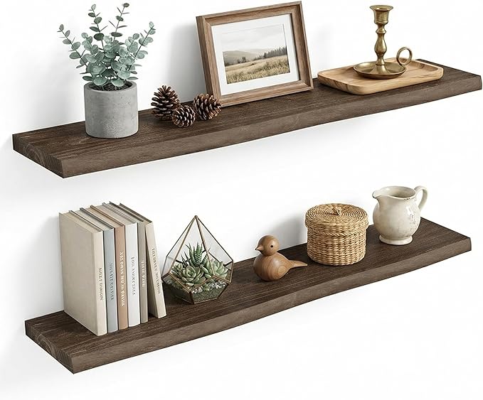 Vivelove Live Edge Floating Shelves Solid Wood, Elm Shelves for Wall with Invisible Bracket for Living Room Bedroom Bathroom Office Book, Rustic Farmhouse Wooden Shelf, 40 Inch Set of 2- Dark Walnut