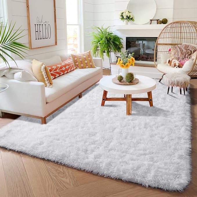 White Area Rugs for Bedroom Living Room, Fluffy Shag Rug 5x7 for Kids Room Decor, Modern Furry Plush Rugs for Baby Nursery, Teen Girls Boys, Cute Fuzzy White Fur Carpet for Dorm, Home Office, Playroom