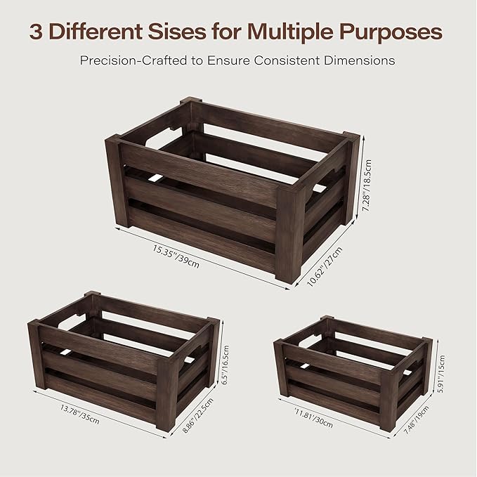 Wooden Crates for Storage and Display - Set of 3 Heavy Duty Nesting Wood Crates, Rustic Farmhouse Decorative Storage Boxes for Shelves, Pantry & Home Organization (L/M/S)