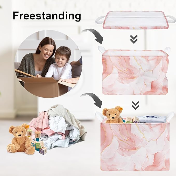 Clastyle Large Marble Baby Girl Gift Storage Basket Collapsible Kid Clothes Book Shelf Basket Toy Nursery Bin, Pink, 40 * 30 * 30 cm