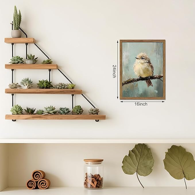 Vintage Framed Bird Wall Art, Rustic Sparrow on Branch Canvas Wall Decor Painting, Cute Bird Animal Artwork Poster Prints Pictures for Living Room Bedroom Bathroom 16x24 Inch