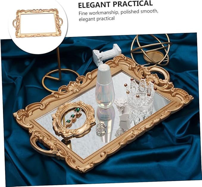 GARVALON Retro Mirror Plate Makeup Tray Gold Rectangular Cosmetic Storage Organizer Decorative European Vintage Perfume Display Tray for Vanity and Photo Props