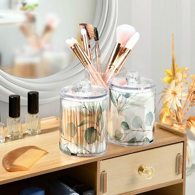 4 Pack Qtip Holder Dispenser Watercolor Green Eucalyptus Leaves Cotton Ball Cotton Swab Round Pads Floss Clear Bathroom Storage Containers Plastic Apothecary Jars with Lids