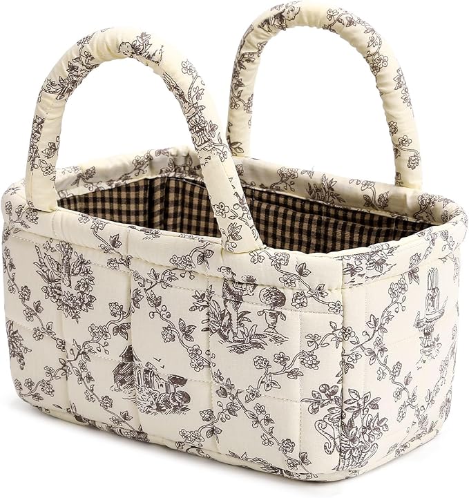 Small Storage Basket Organizer, Mini Fabric Floral Storage Baskets with Handle, Quilted Portable Collapsible Storage (Vine-Coffee)