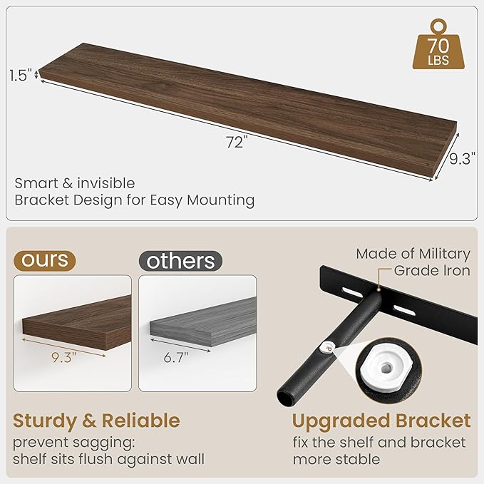Fun Memories 72 Inch Long Floating Shelves for Wall, 72x9.3 Large Floating Shelf for Bedroom, Kitchen, Bathroom, Wall Mounted Rustic Wood Shelves with Invisible Bracket for Books, Decor, Walnut