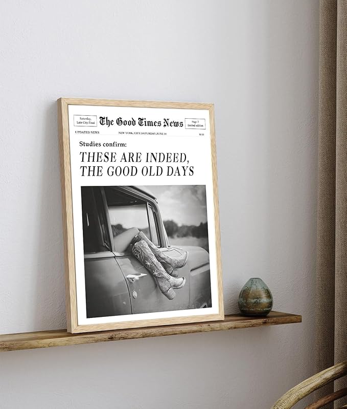 Bwodke OAK Wood Framed Wall Art These Are Indeed The Good Old Days Canvas Art Western Pictures Wall Decor Cowgirl Boots Prints Vintage Newspaper Artwork for Girly Dorm Bedroom 12"x16"