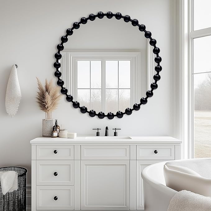 Round Black Mirror 30'', Beaded Mirror for Wall, Spherical Frame Large Circle Mirror for Bathroom, Dining Roon, Bed Room, Entryway