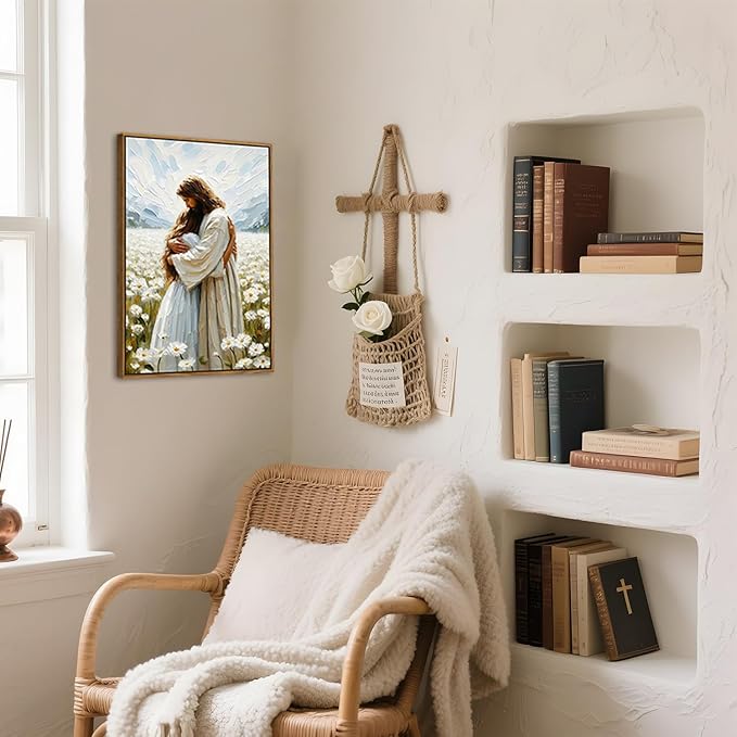 Jesus Embracing Woman Wall Art, Jesus Hugging Women Wall Decor Paintings, Religious Christian Bible Canvas Prints Pictures for Bedroom Living Prayer Room 16x24 inch Framed