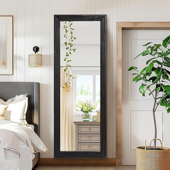 65"x22" Full Length Mirror Solid Wood Frame Floor Mirror with Stand for Living Room, Bedroom Hanging Standing or Leaning, Black
