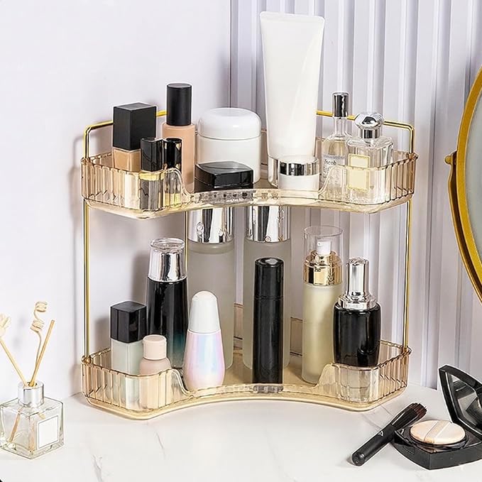 Multi-Tier Corner Countertop Organizer Rack, Makeup Organizer Countertop, Bathroom Counter Organizer, for Skincare and Cosmetics, Ideal Vanity Gift (Transparent Gold, 2-Tier)