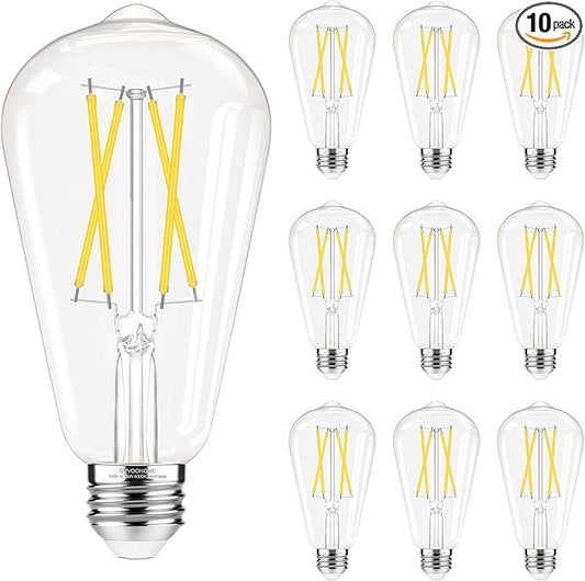 GvvooHome Dimmable LED Edison Bulbs, 4000K Daylight White, 6W Equivalent to 60 watt E26 LED Bulb, ST58 Vintage Light Bulbs, 600LM, 90+ CRI, E26 Base, Clear Glass, 10 Pack