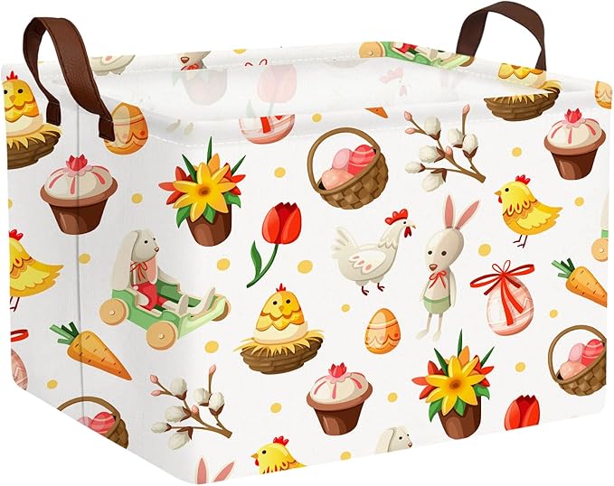 Large Rectangular Cute Kid Easter Basket Empty Bunny Eggs Easter Basket Gift Spring Room Storage Organizer Décor (E-14)
