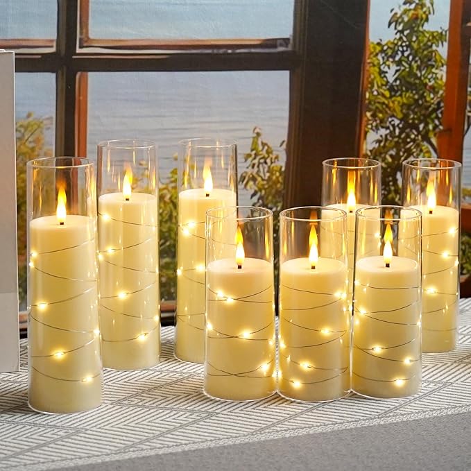 kakoya Flameless LED Candles with Timer 9 Pc Flickering Flameless Candles for Romantic Ambiance and Home Decoration Stable Acrylic Shell,with Embedded Star String，Battery Operated Candles（Ivory）