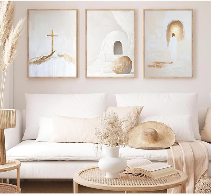 Jesus Christian Wall Art Gold Beige God Canvas Wall Decor He Is Risen Art Religious Christian Poster Modern Minimalist Cross Painting Artwork Jesus Picture Prints for Living Room 12x16x3 Inch Unframed