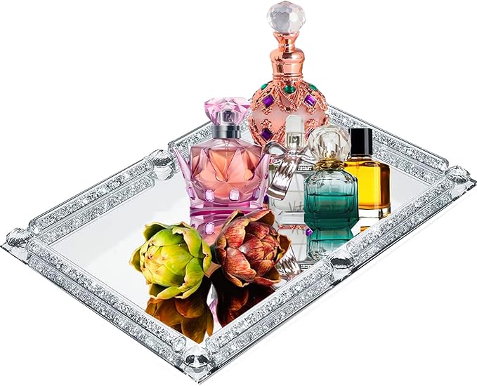 Large Crystal Tray, Glass Mirror Modern Jewelry Trinket Trays with Crushed Diamond, 15.7" x 11.8" Rectangular Makeup Perfume Tray for Bathroom Bedroom, Home Decor, Hotel Banquet, Party (Silver C)