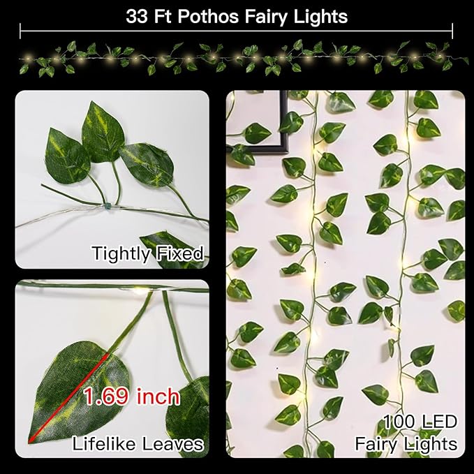 suddus Vine with Fairy Lights Battery Operated, 33ft100 LED Pothos String Lights with Remote, Leaf Lights for Bedroom, Room, Wall, Garden, Party, Wedding Dorm Decor(Warm White)
