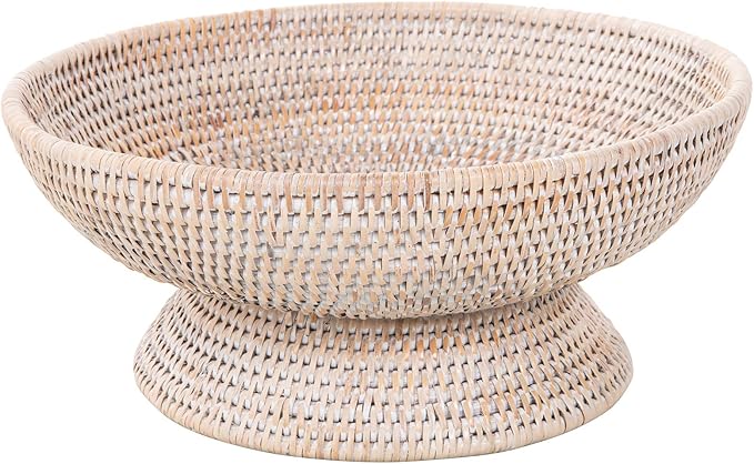 KOUBOO La Joll Rattan Fruit Bowl, Hand Woven Food Fruit Vegetable Bowl, Wicker Storage Basket, Wicker Fruit Bowl for Kitchen Counter, Large, white wash