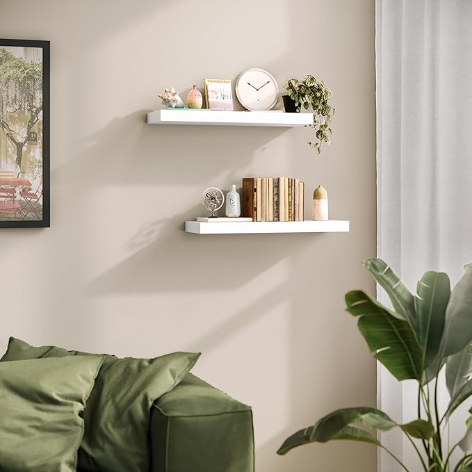 Ballucci Floating Shelves, 24" Wood Wall Shelf Set of 2, with Invisible Brackets for Bathroom, Living Room, Bedroom, Kitchen, Nursery, 6" Deep, White