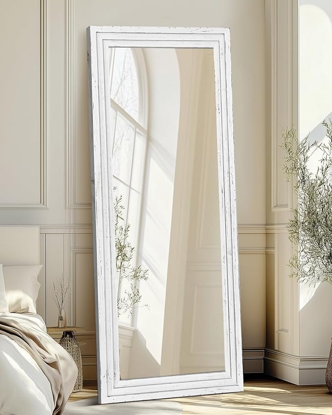 Full Length Mirror 65"x24" Solid Wood Frame Floor Large Mirror for Living Room, Bedroom Hanging or Leaning Wall-Mounted, White