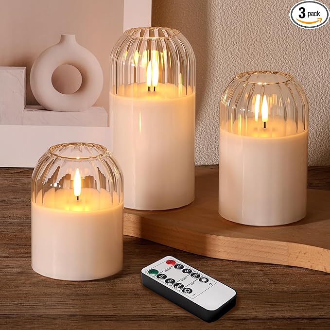 Clear Glass Flameless Candles with Remote, Flickering LED Pillar Candles Battery Powered Ribbed Dome Top Set of 3