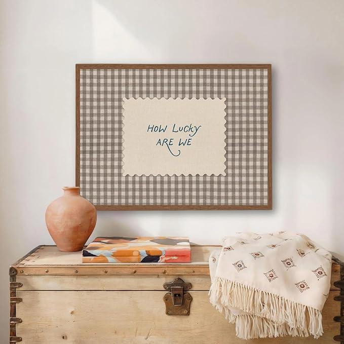 Vintage Canvas Wall Art How Lucky Are We Positive Quote Vintage Gingham Canvas Poster Inspirational Canvas Wall Decor Trendy Preppy Aesthetic Posters for Bedroom Dorm Apartment Decor 24x16in Unframed